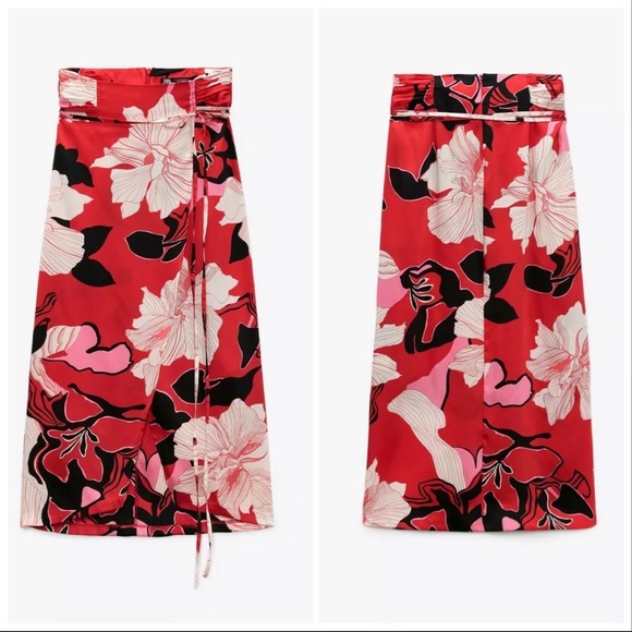 LAST NWT ZARA RED FLORAL HIGH WAIST MIDI SATIN SKIRT - Picture 12 of 12